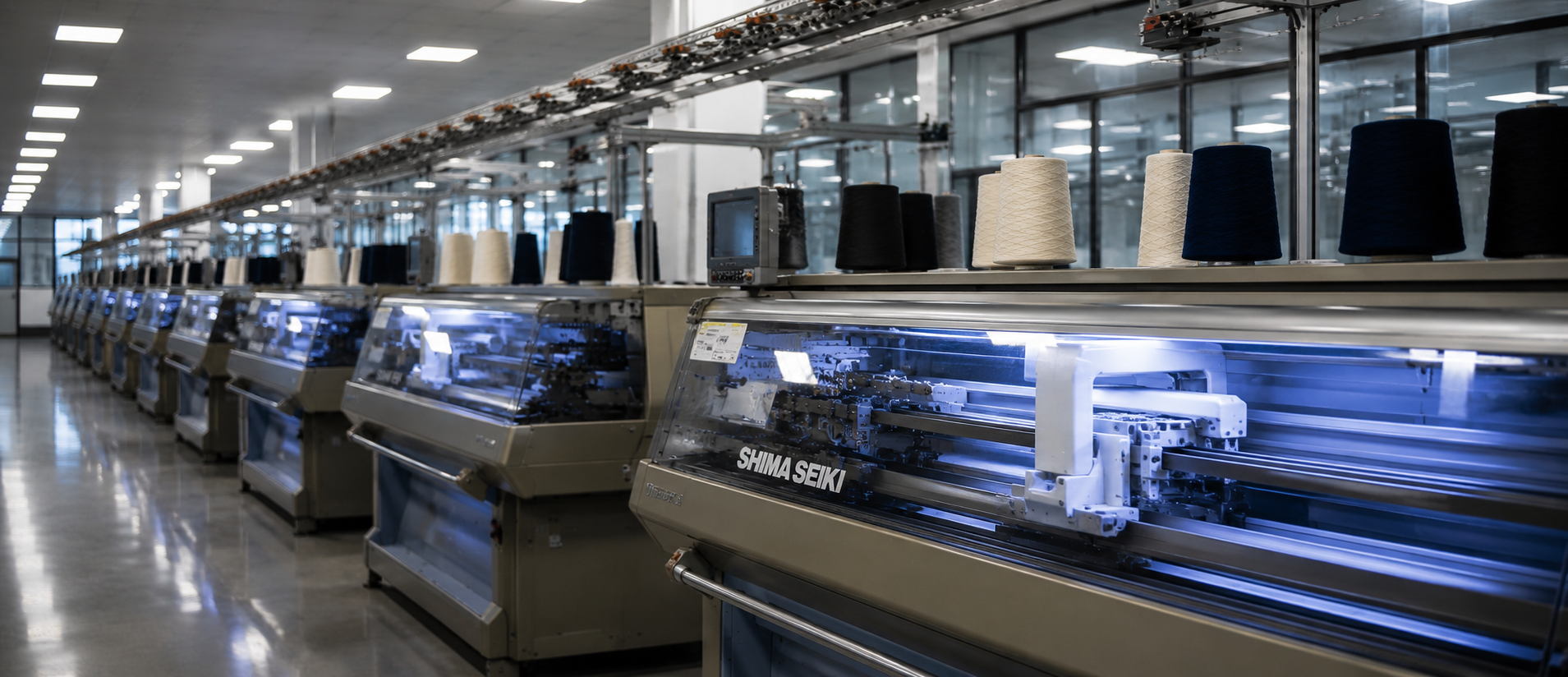 Industrial knitting machines on the factory floor