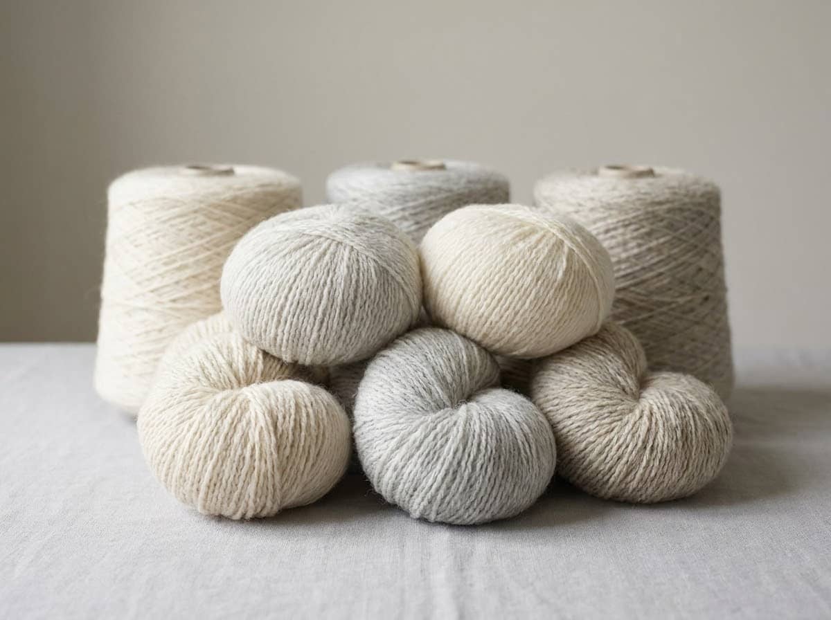 Wool yarn spools on factory shelving